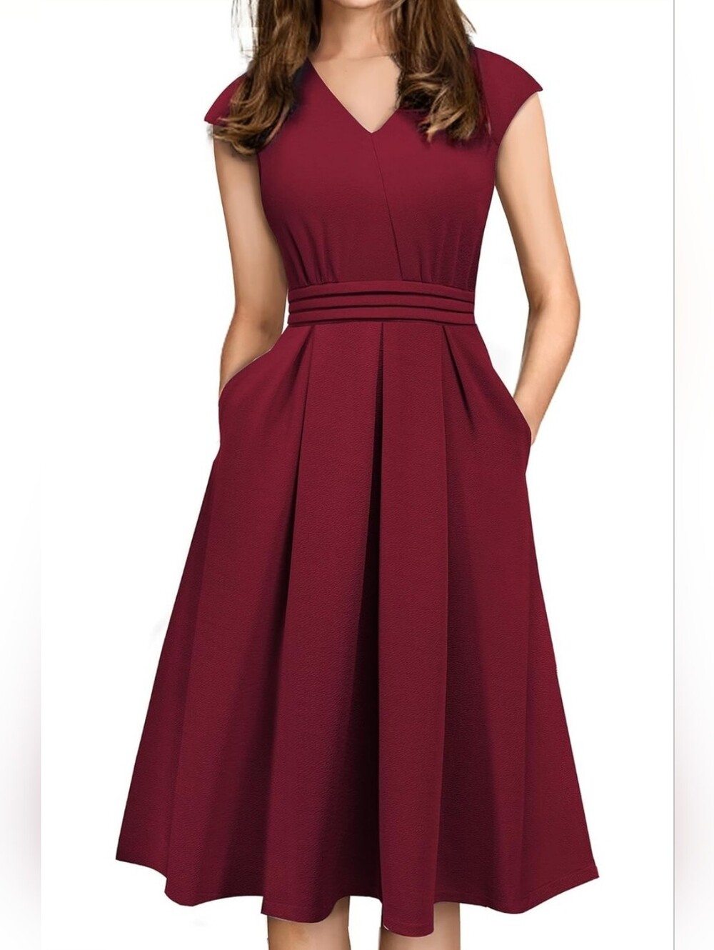 NWT HOMEYEE Vintage 50s Elegant V-Neck Burgundy Fit & Flare Dress Size US 12/XXL